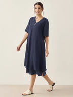100% Linen V-Neck Double-Layer Midi Dress JAYDA