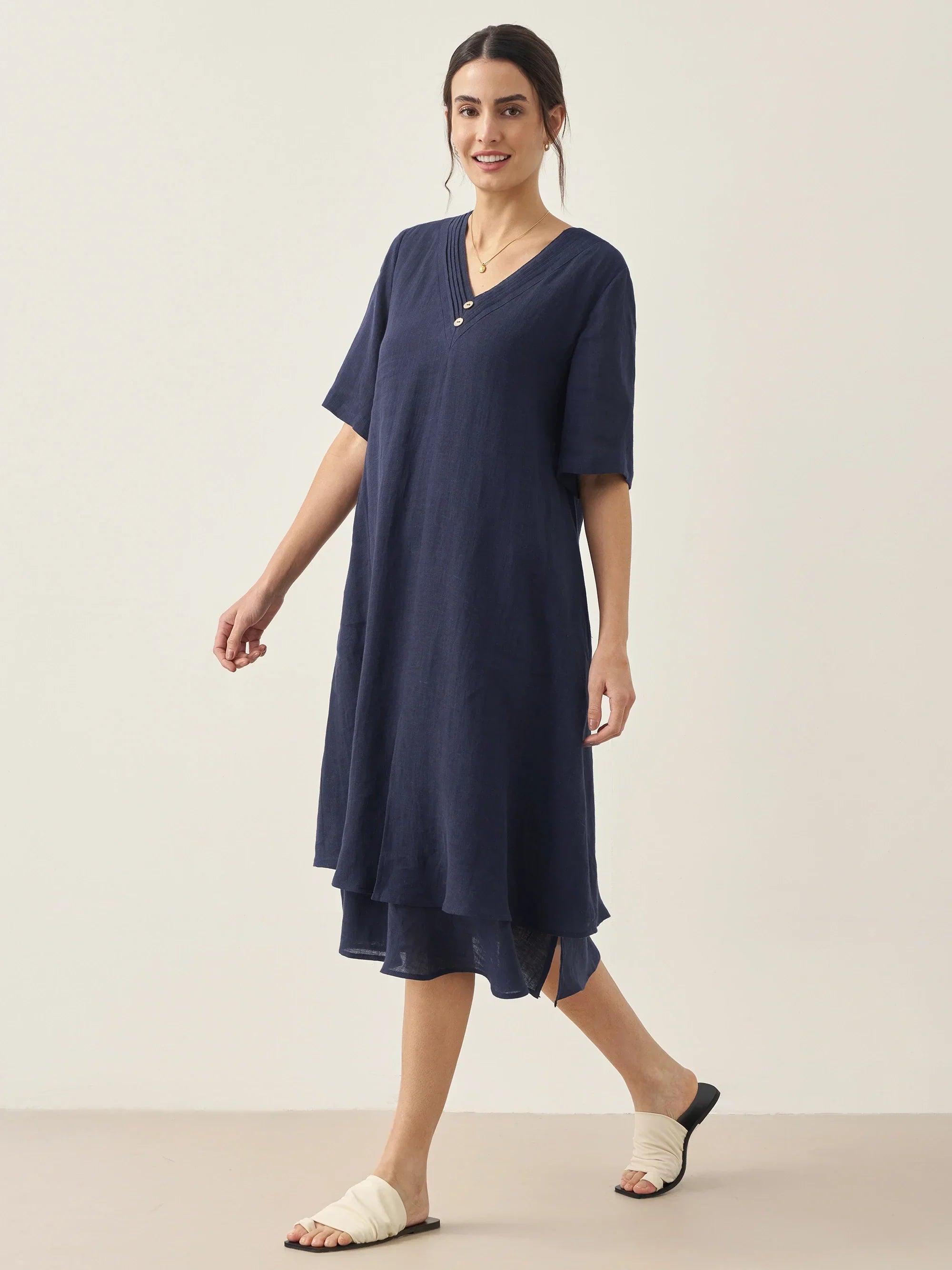 100% Linen V-Neck Double-Layer Midi Dress JAYDA