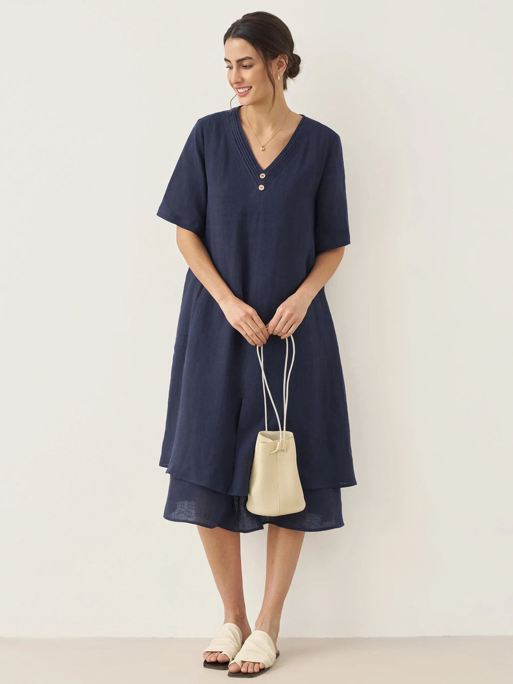 100% Linen V-Neck Double-Layer Midi Dress JAYDA