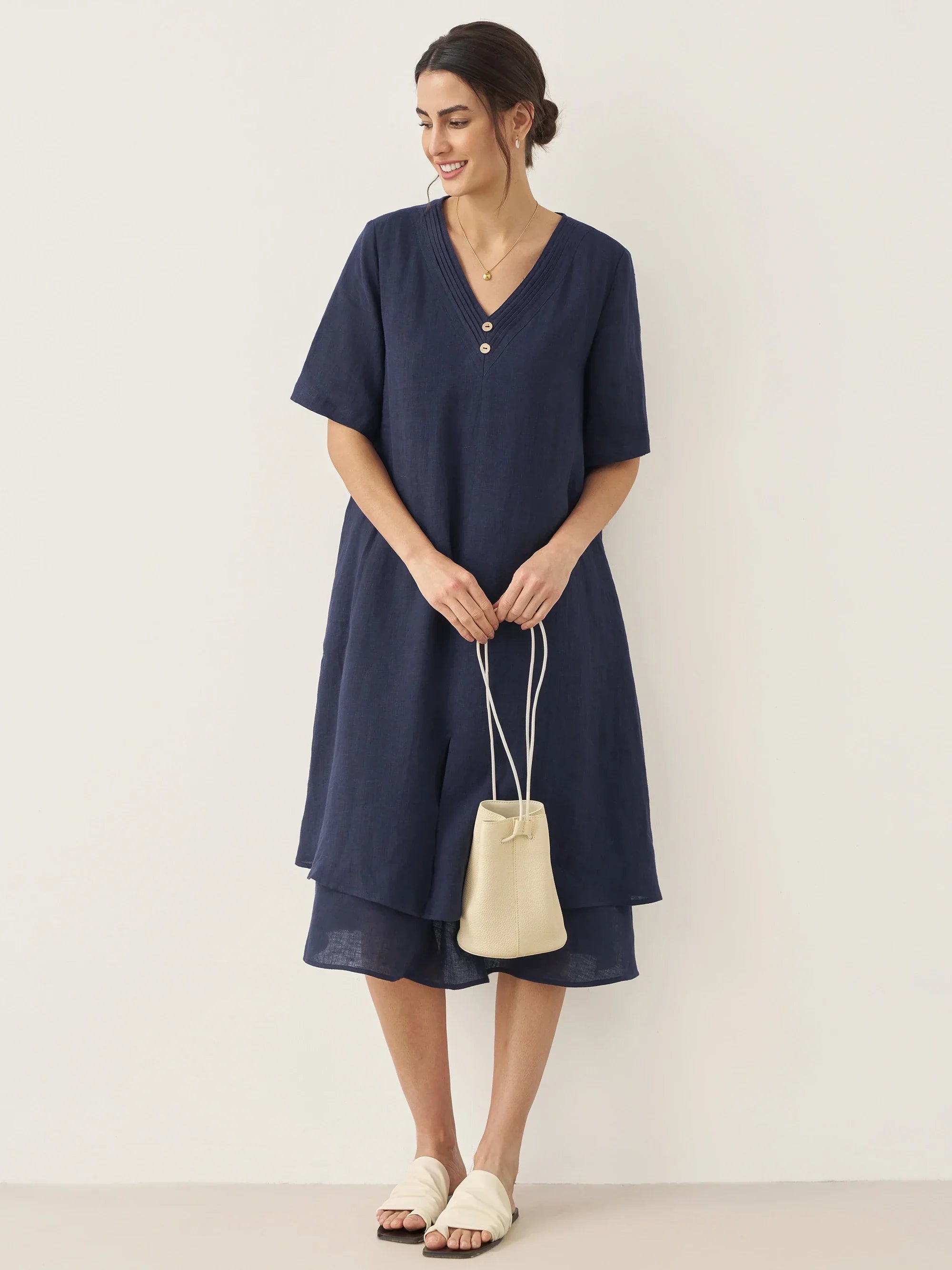 100% Linen V-Neck Double-Layer Midi Dress JAYDA