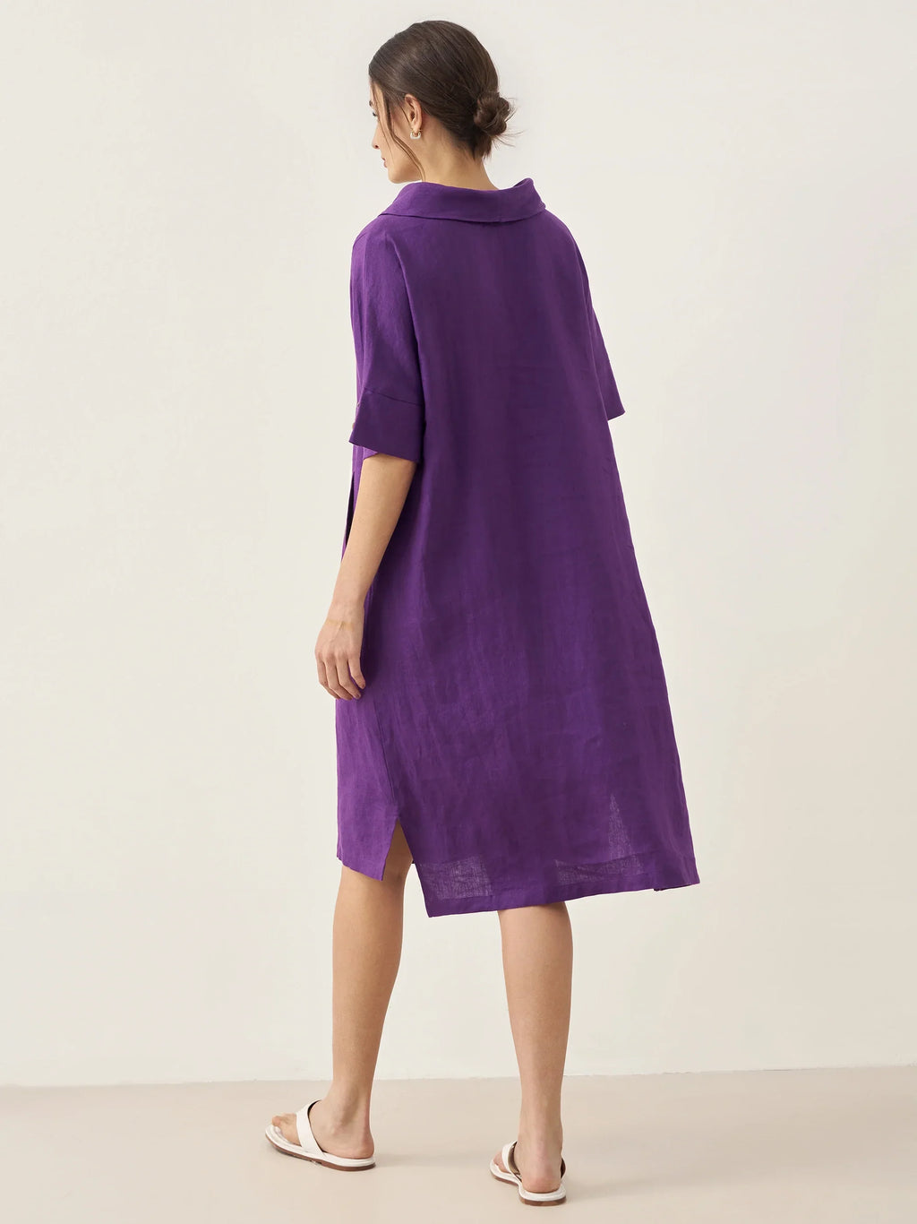 100% Linen V-Neck Pullover Midi Dress AUBREY