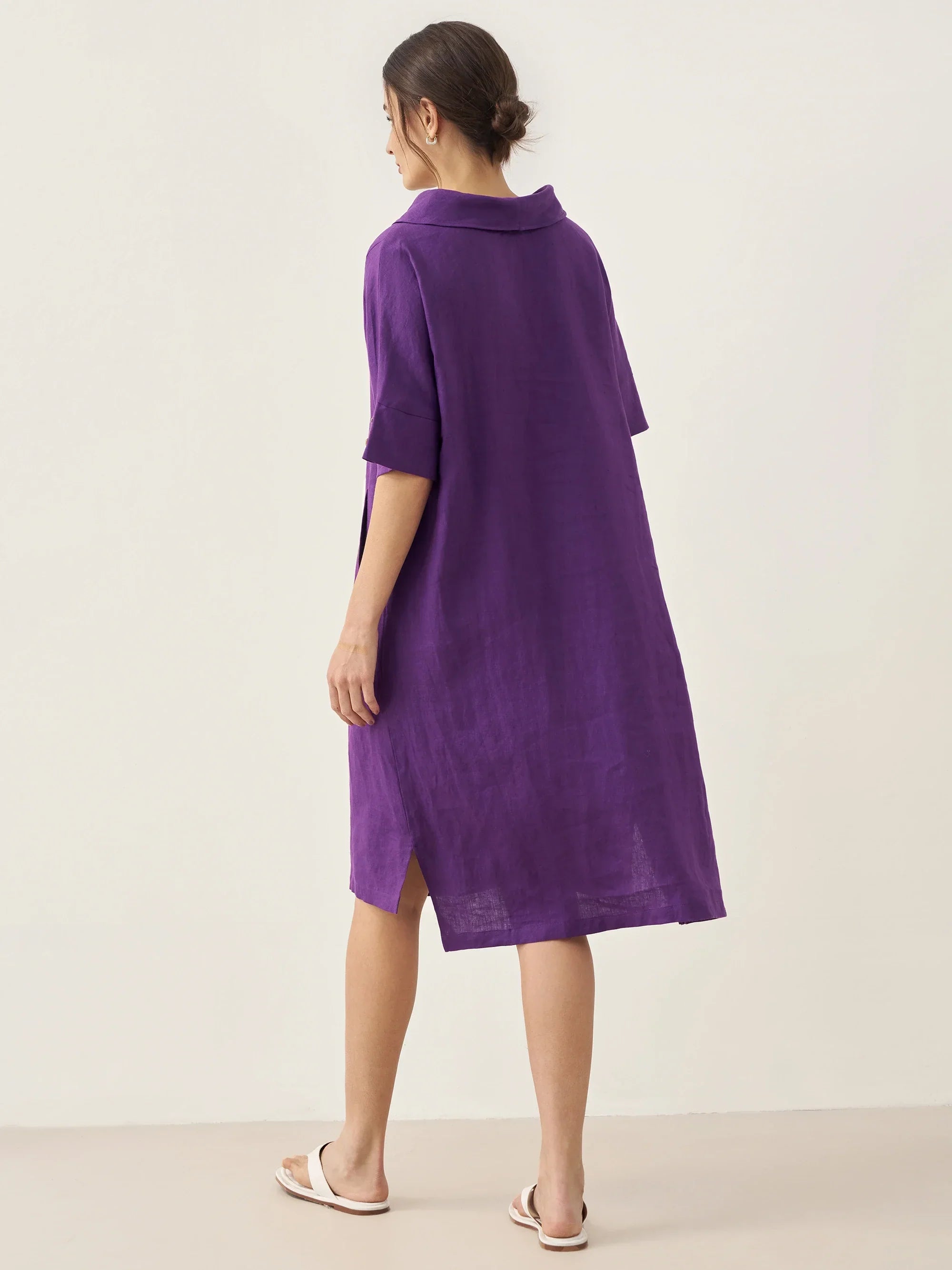 100% Linen V-Neck Pullover Midi Dress AUBREY