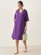 100% Linen V-Neck Pullover Midi Dress AUBREY