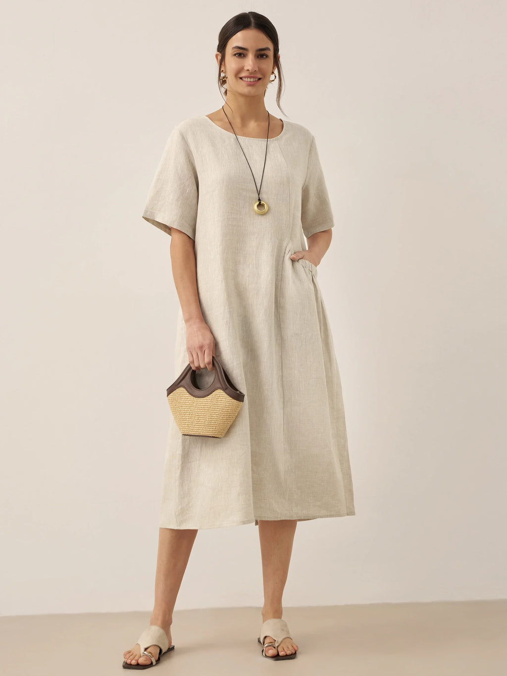 100% Linen Pocket Caftan Midi-Dress ESME