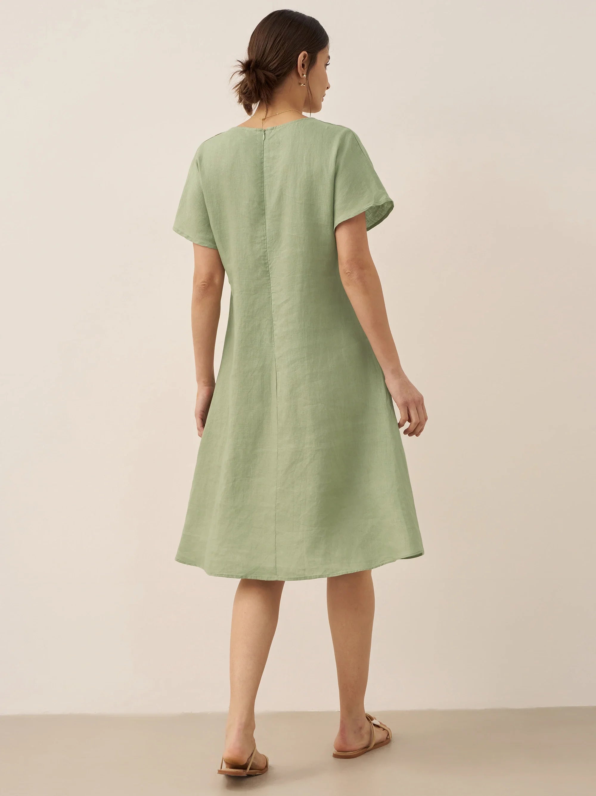 100% Linen V-Neck Pockets Swing Dress AINSLEY
