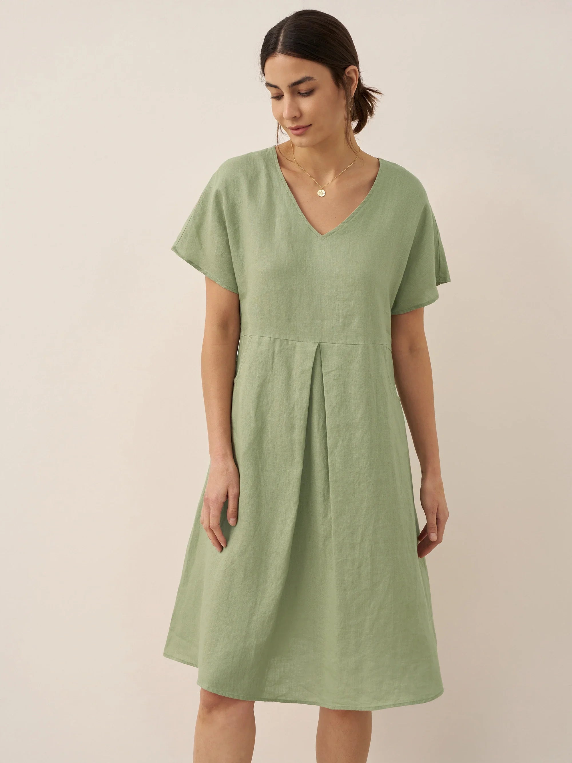 100% Linen V-Neck Pockets Swing Dress AINSLEY