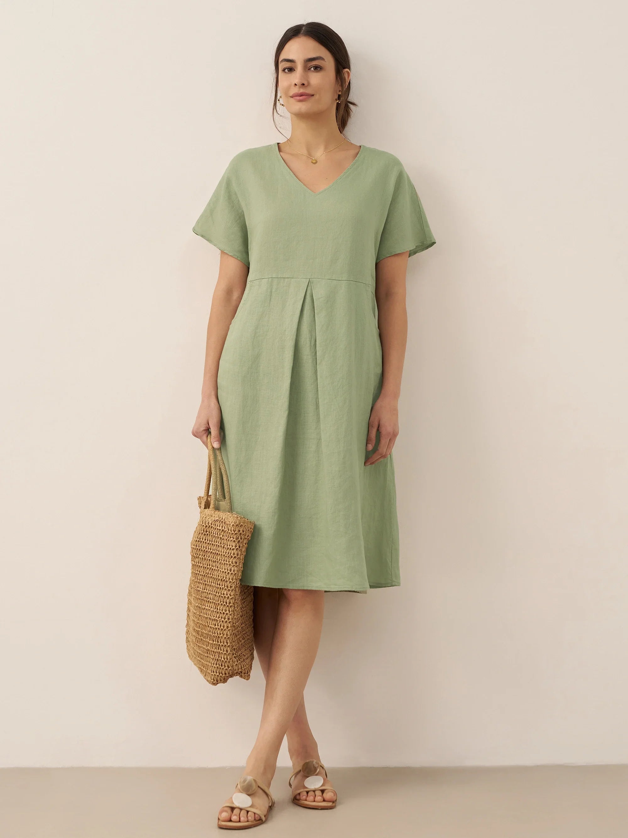100% Linen V-Neck Pockets Swing Dress AINSLEY