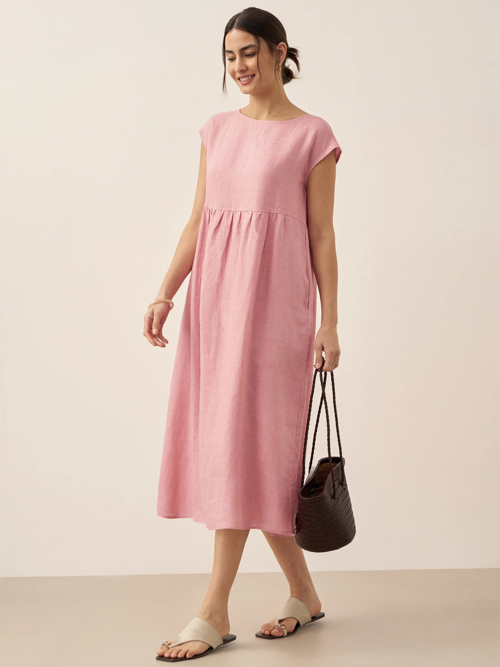 Linen Striped Cap Sleeve Washed Maxi Dress JOAN