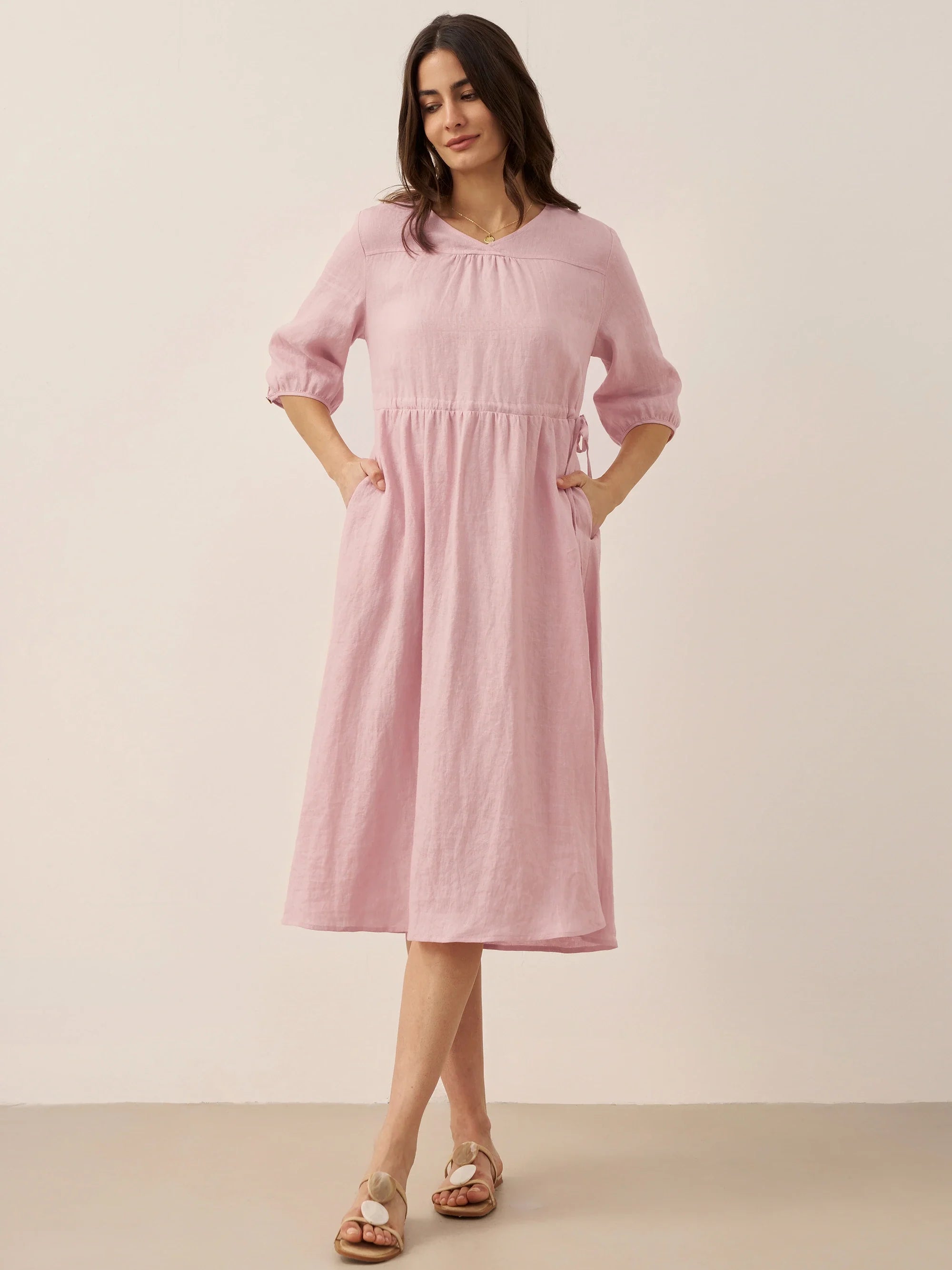 100% Linen A-Line Drawstring Waist Midi Dress DIXIE