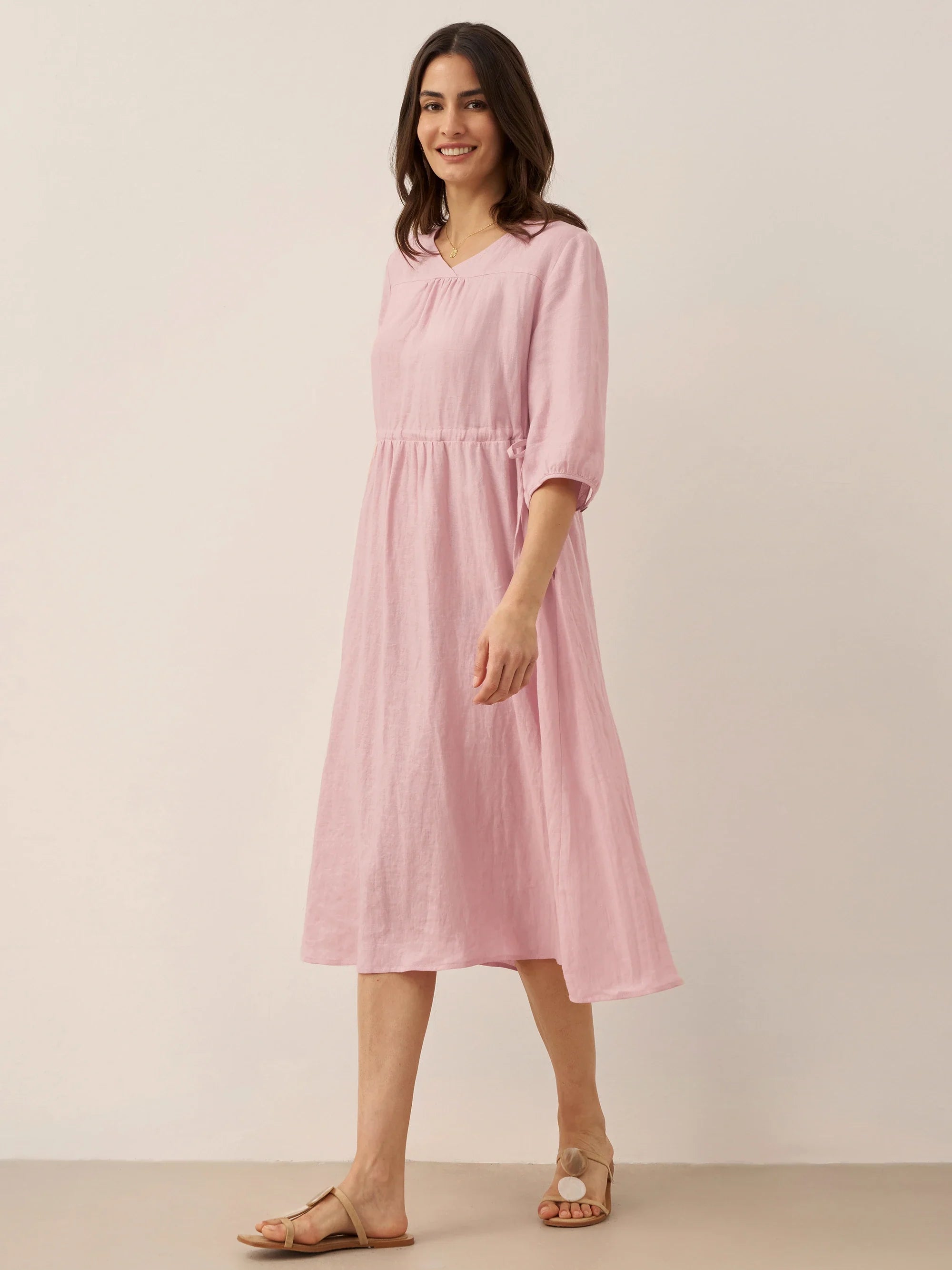 100% Linen A-Line Drawstring Waist Midi Dress DIXIE