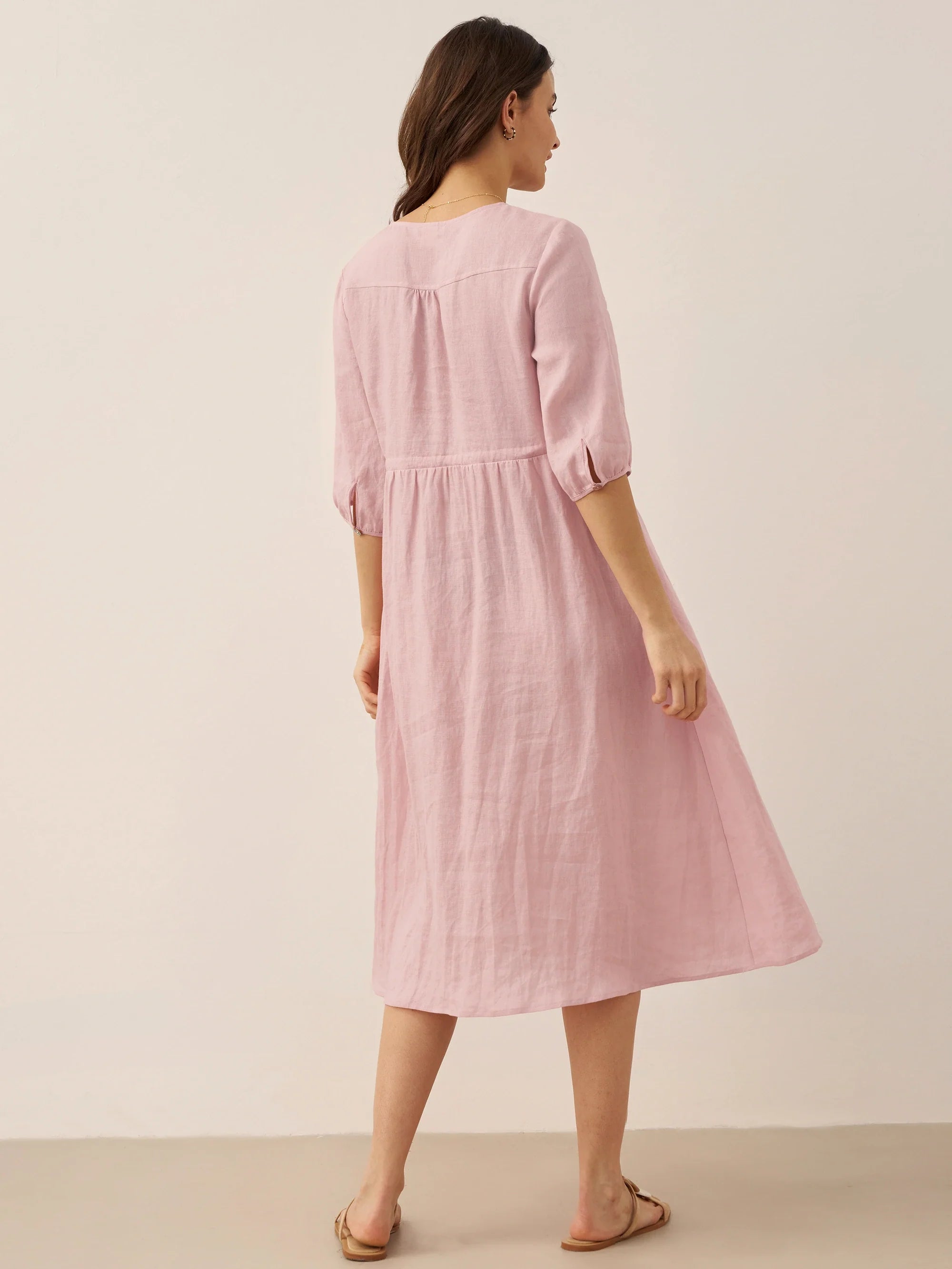 100% Linen A-Line Drawstring Waist Midi Dress DIXIE