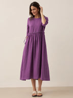 100% Linen Petal-Waist Drawstring Midi Dress JASMINE