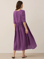 100% Linen Petal-Waist Drawstring Midi Dress JASMINE