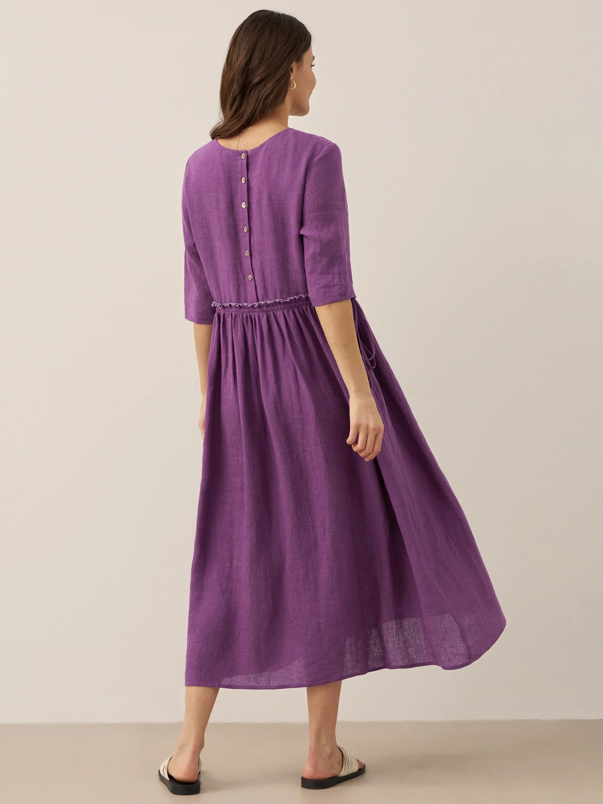 100% Linen Petal-Waist Drawstring Midi Dress JASMINE