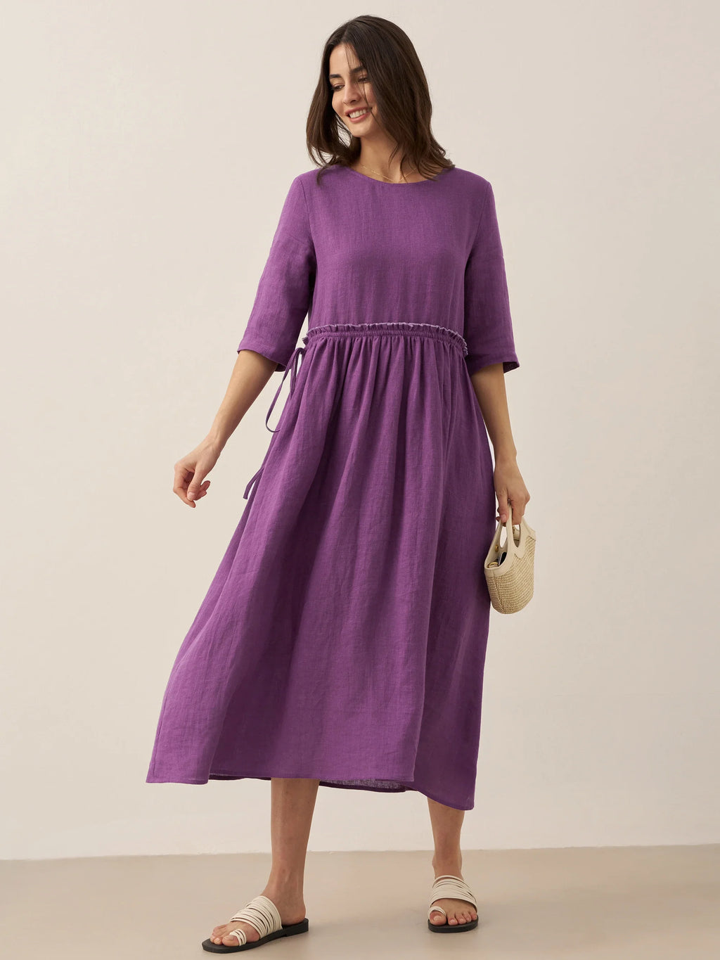 100% Linen Petal-Waist Drawstring Midi Dress JASMINE