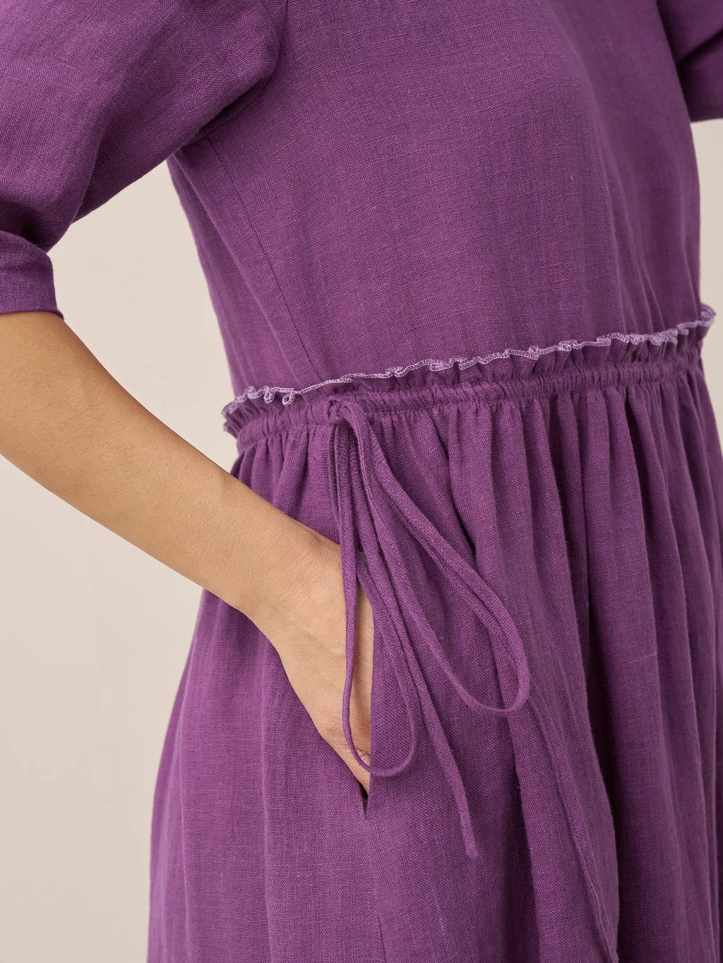 100% Linen Petal-Waist Drawstring Midi Dress JASMINE