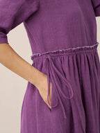 100% Linen Petal-Waist Drawstring Midi Dress JASMINE