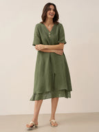 100% Linen V-Neck Double-Layer Midi Dress JAYDA