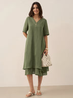 100% Linen V-Neck Double-Layer Midi Dress JAYDA