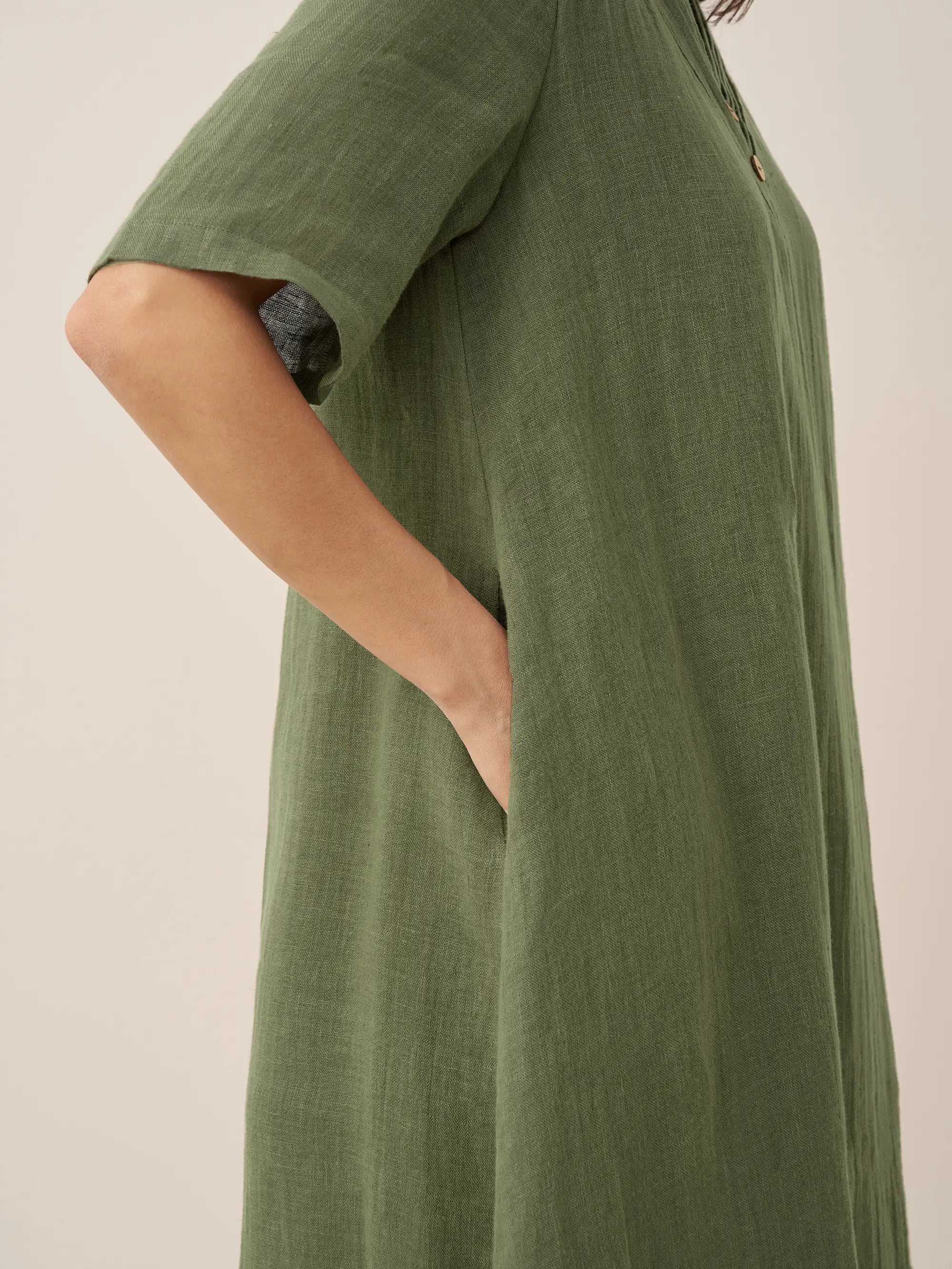 100% Linen V-Neck Double-Layer Midi Dress JAYDA