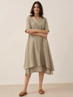 100% Linen V-Neck Double-Layer Midi Dress JAYDA