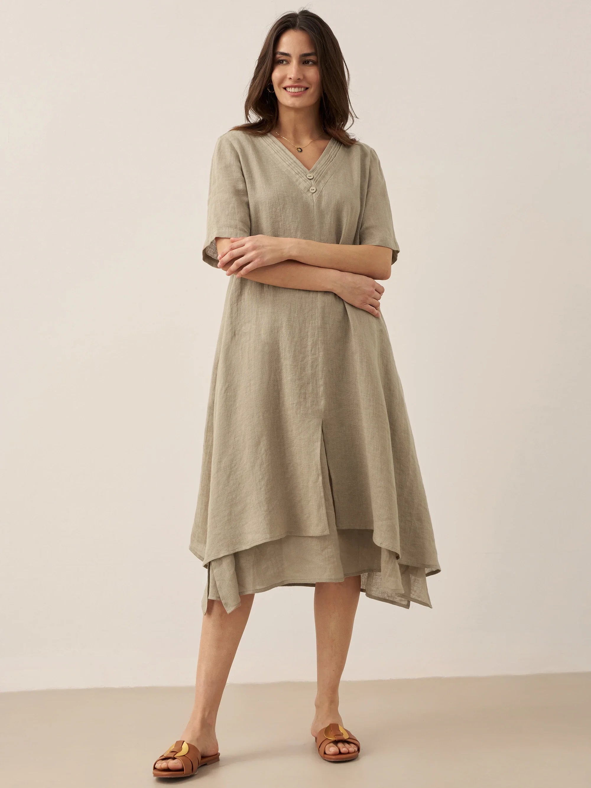 100% Linen V-Neck Double-Layer Midi Dress JAYDA