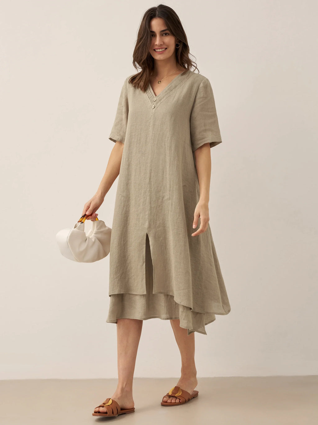 100% Linen V-Neck Double-Layer Midi Dress JAYDA