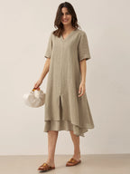 100% Linen V-Neck Double-Layer Midi Dress JAYDA