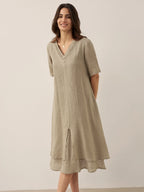 100% Linen V-Neck Double-Layer Midi Dress JAYDA
