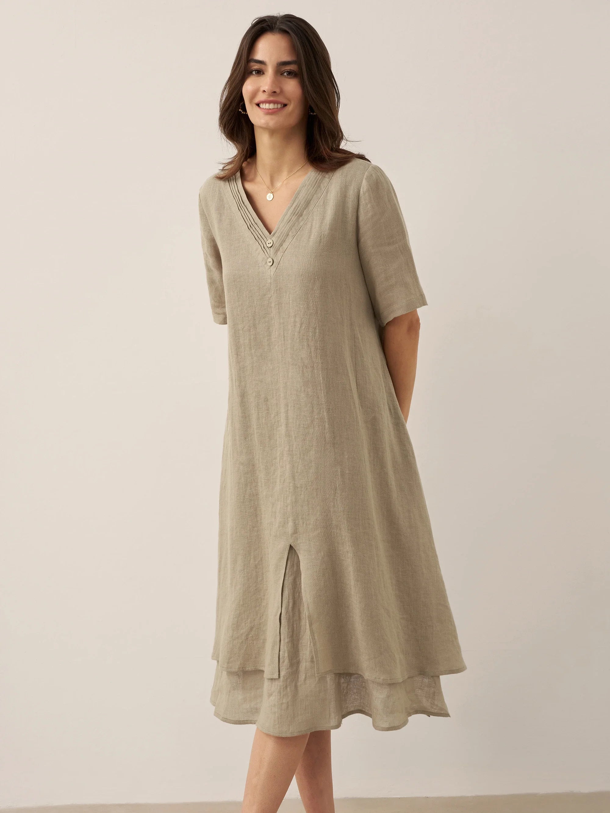 100% Linen V-Neck Double-Layer Midi Dress JAYDA