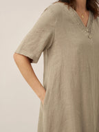 100% Linen V-Neck Double-Layer Midi Dress JAYDA