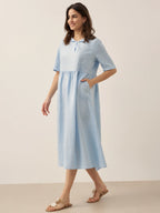 100% Linen Shawl V-Neck Pleated Maxi Dress SUSAN
