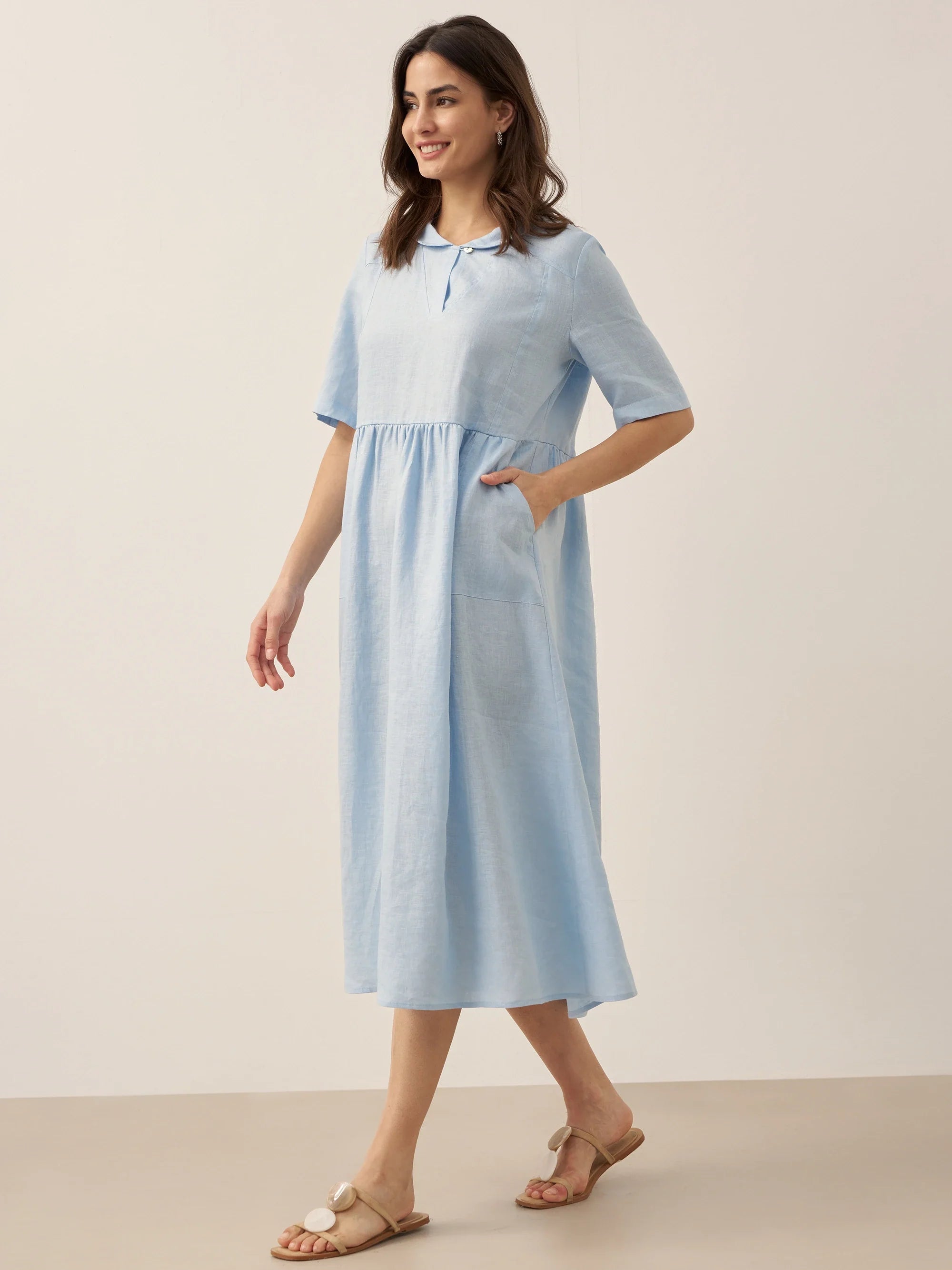 100% Linen Shawl V-Neck Pleated Maxi Dress SUSAN