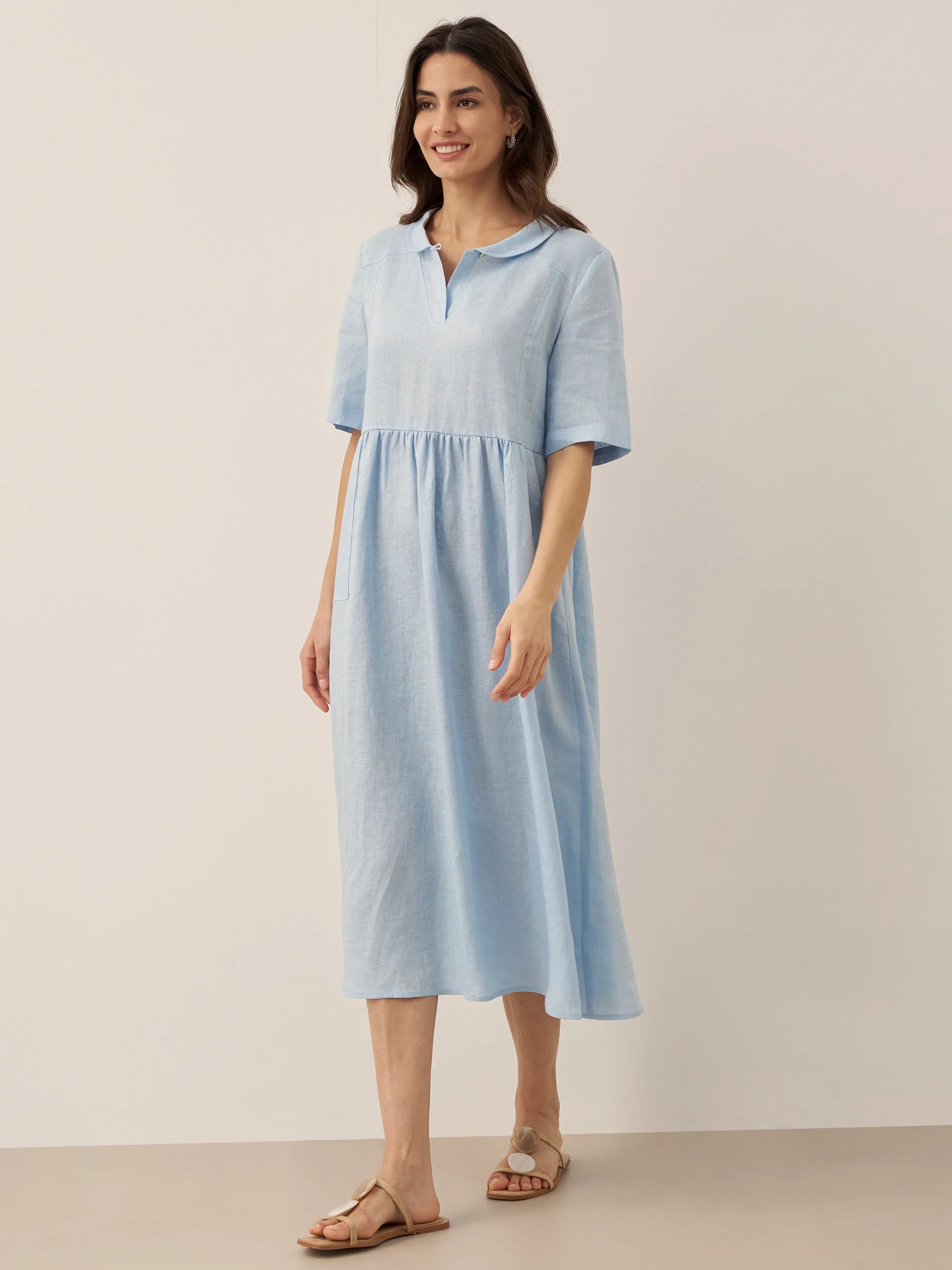 100% Linen Shawl V-Neck Pleated Maxi Dress SUSAN