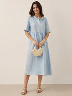 100% Linen Shawl V-Neck Pleated Maxi Dress SUSAN