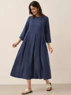 100% Linen Bateau Neck Pleated Maxi Dress ABIGAIL