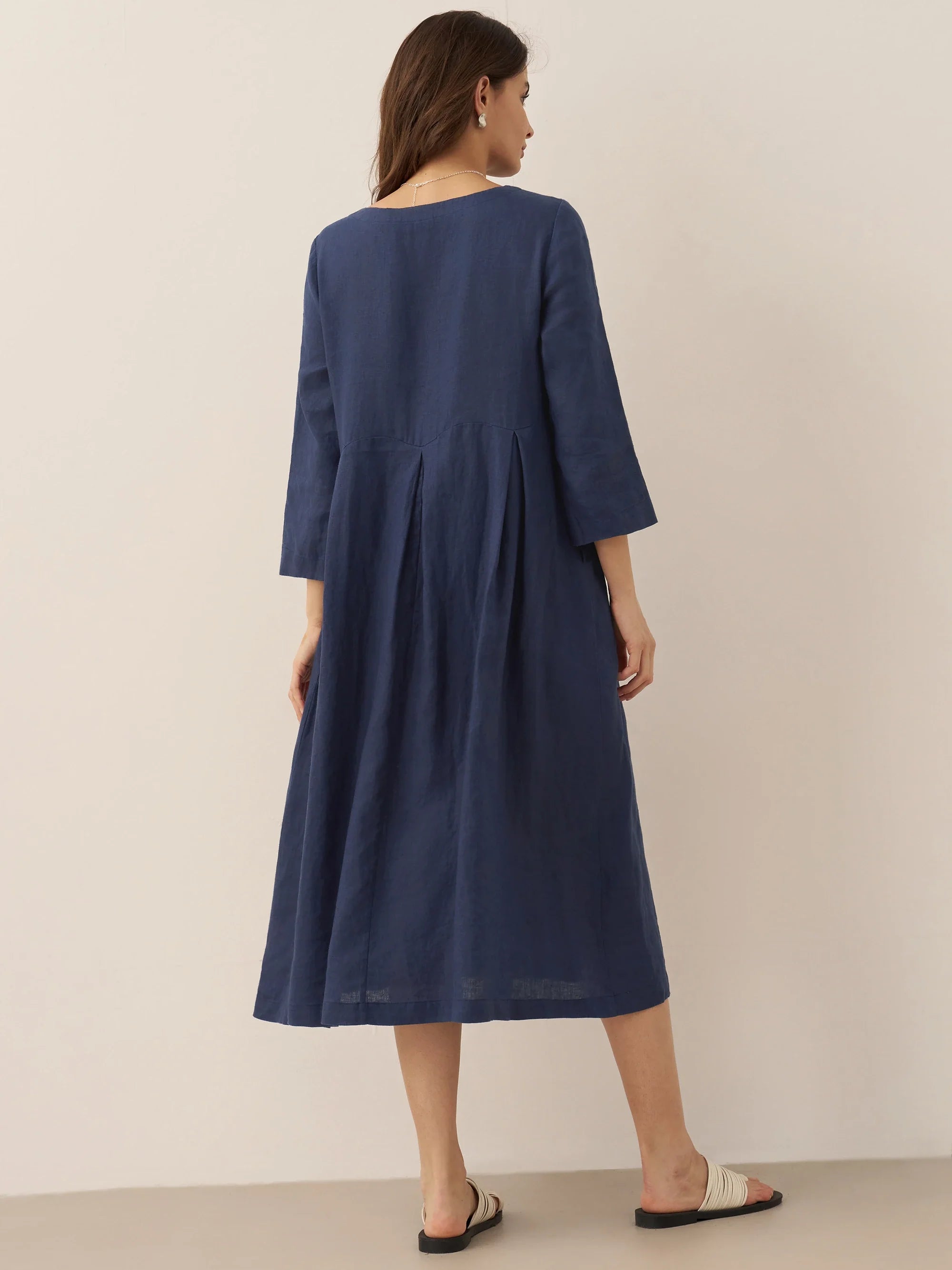 100% Linen Bateau Neck Pleated Maxi Dress ABIGAIL
