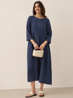 100% Linen Bateau Neck Pleated Maxi Dress ABIGAIL
