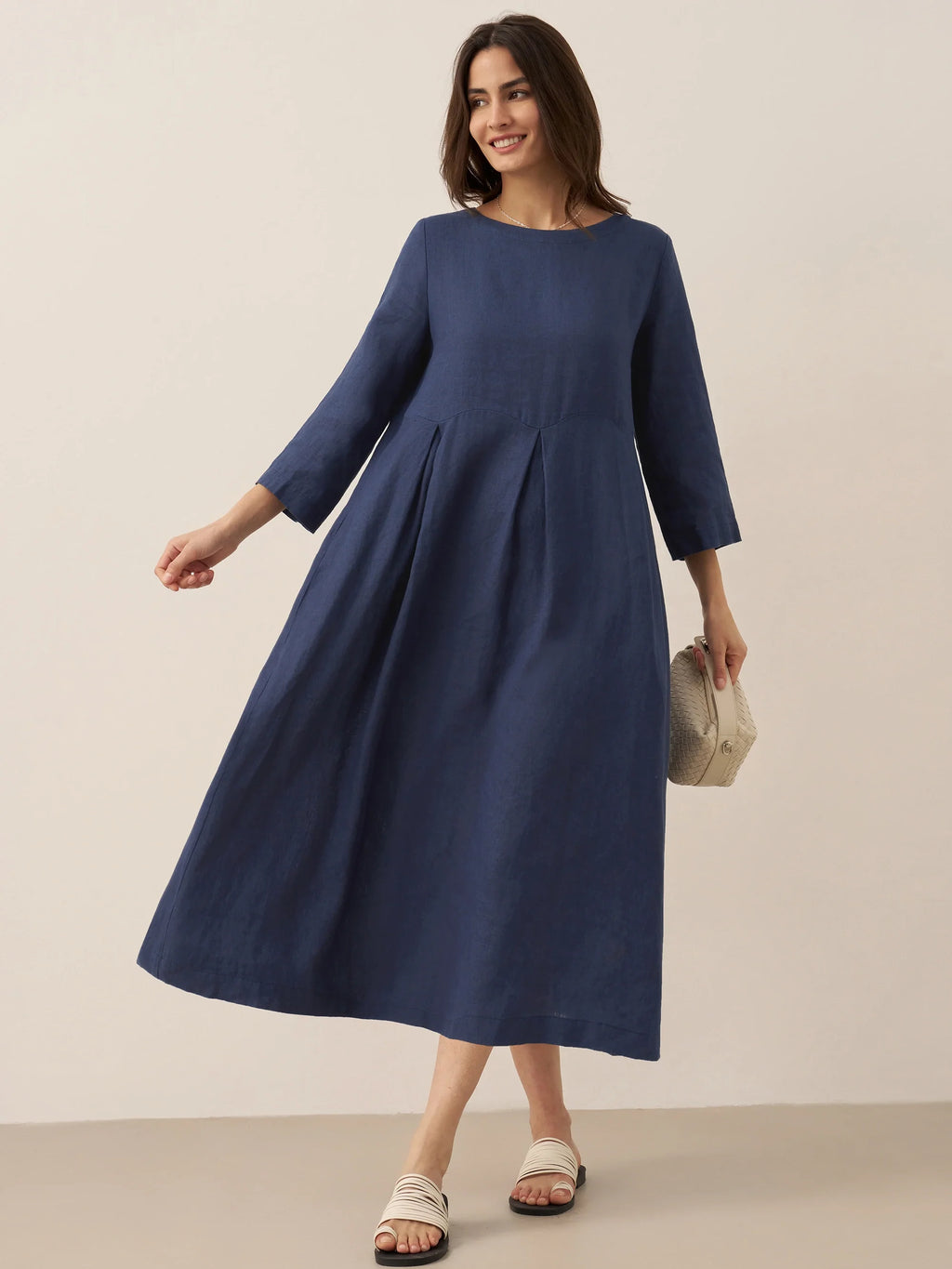 100% Linen Bateau Neck Pleated Maxi Dress ABIGAIL