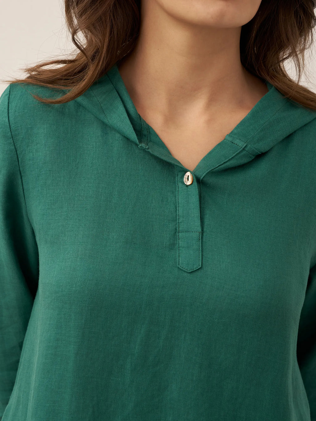 100% Linen Hooded Pullover Maxi Dress REBECCA