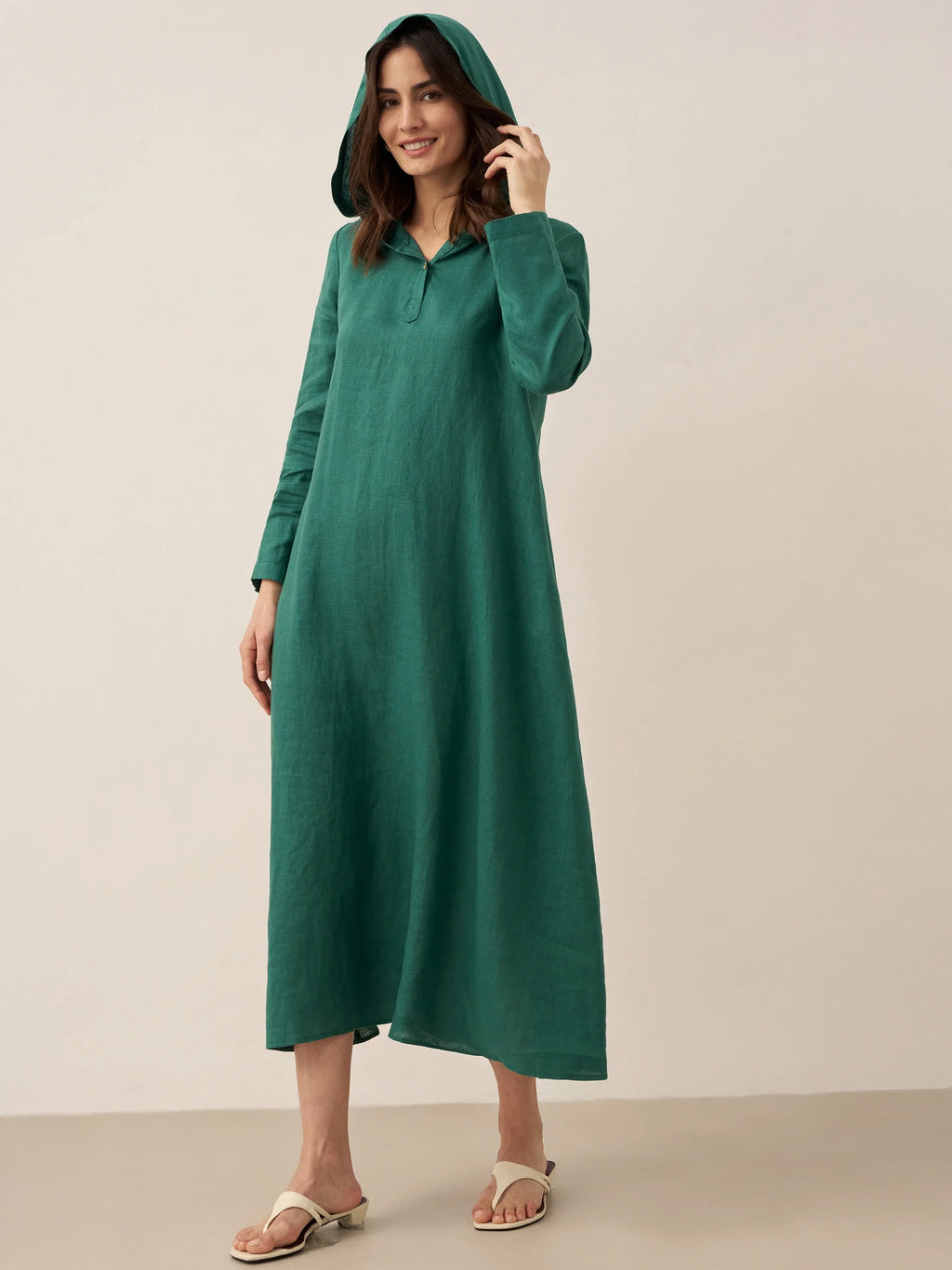 100% Linen Hooded Pullover Maxi Dress REBECCA