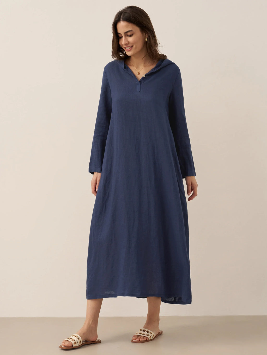 100% Linen Hooded Pullover Maxi Dress REBECCA
