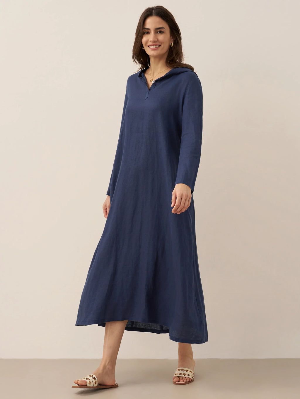 100% Linen Hooded Pullover Maxi Dress REBECCA