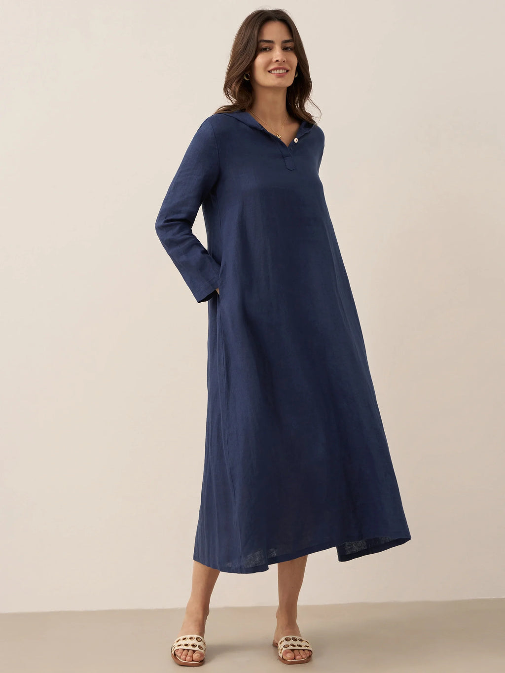 100% Linen Hooded Pullover Maxi Dress REBECCA