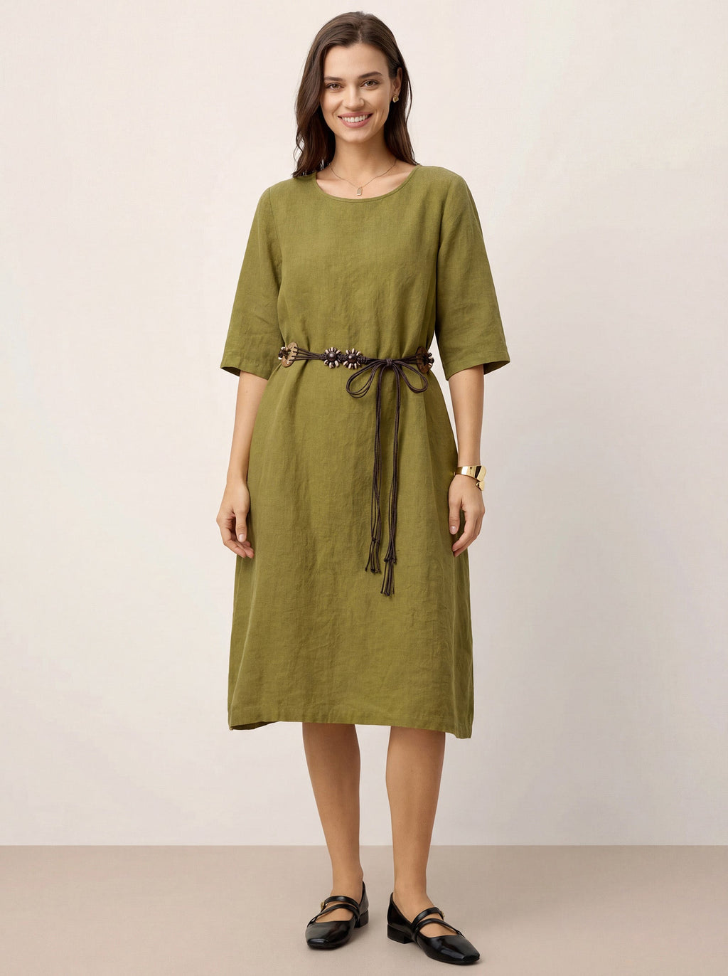 100% Linen Round Neck Back Placket Pleat Midi Dress PENELOPE