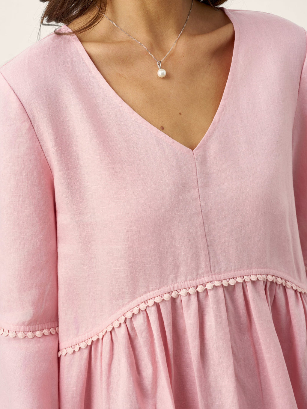 100% Linen V-Neck Ruffle Hem Midi Dress with Crochet Trim MARTHA