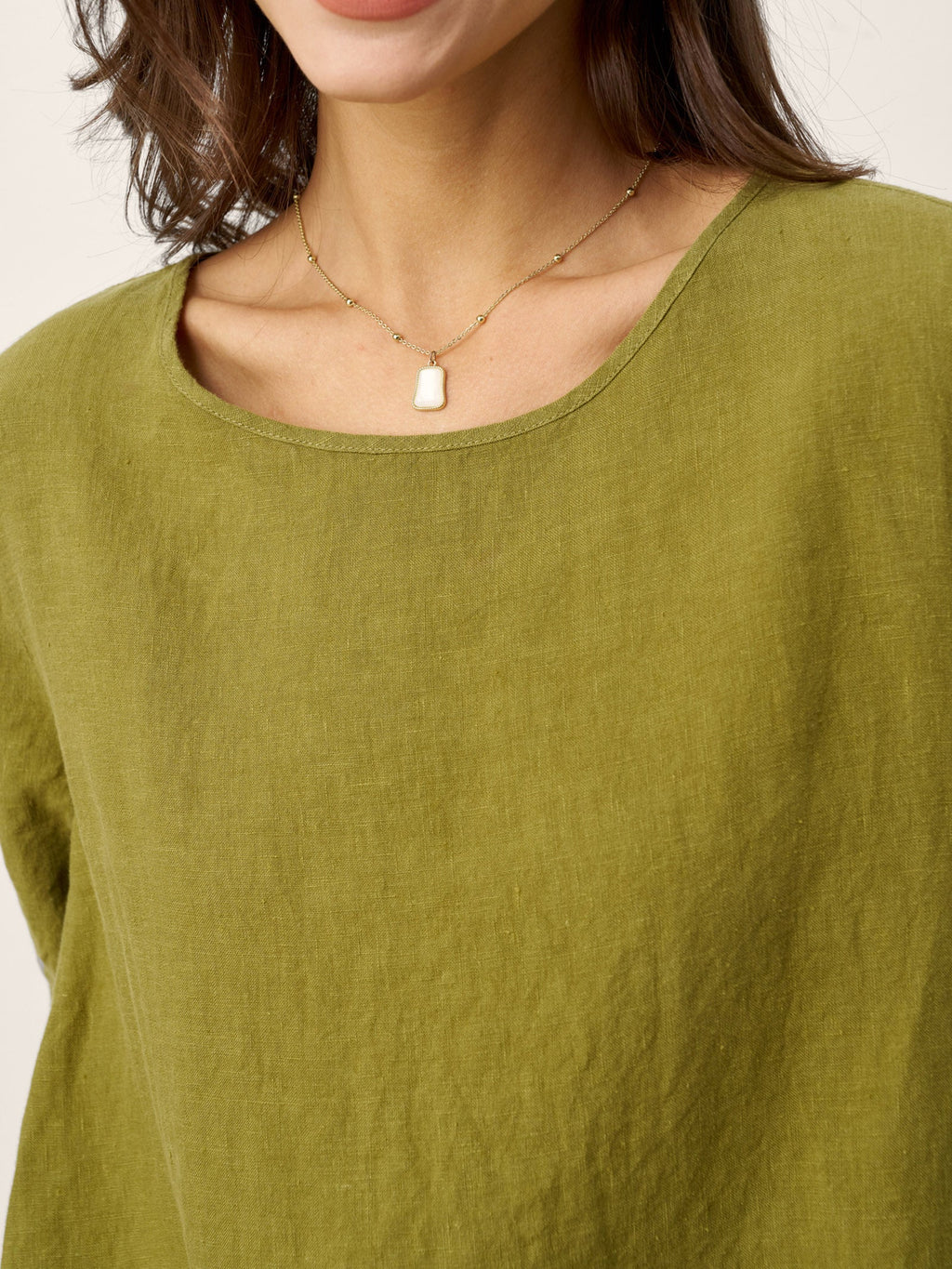 100% Linen Round Neck Back Placket Pleat Midi Dress PENELOPE