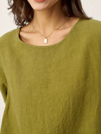 100% Linen Round Neck Back Placket Pleat Midi Dress PENELOPE