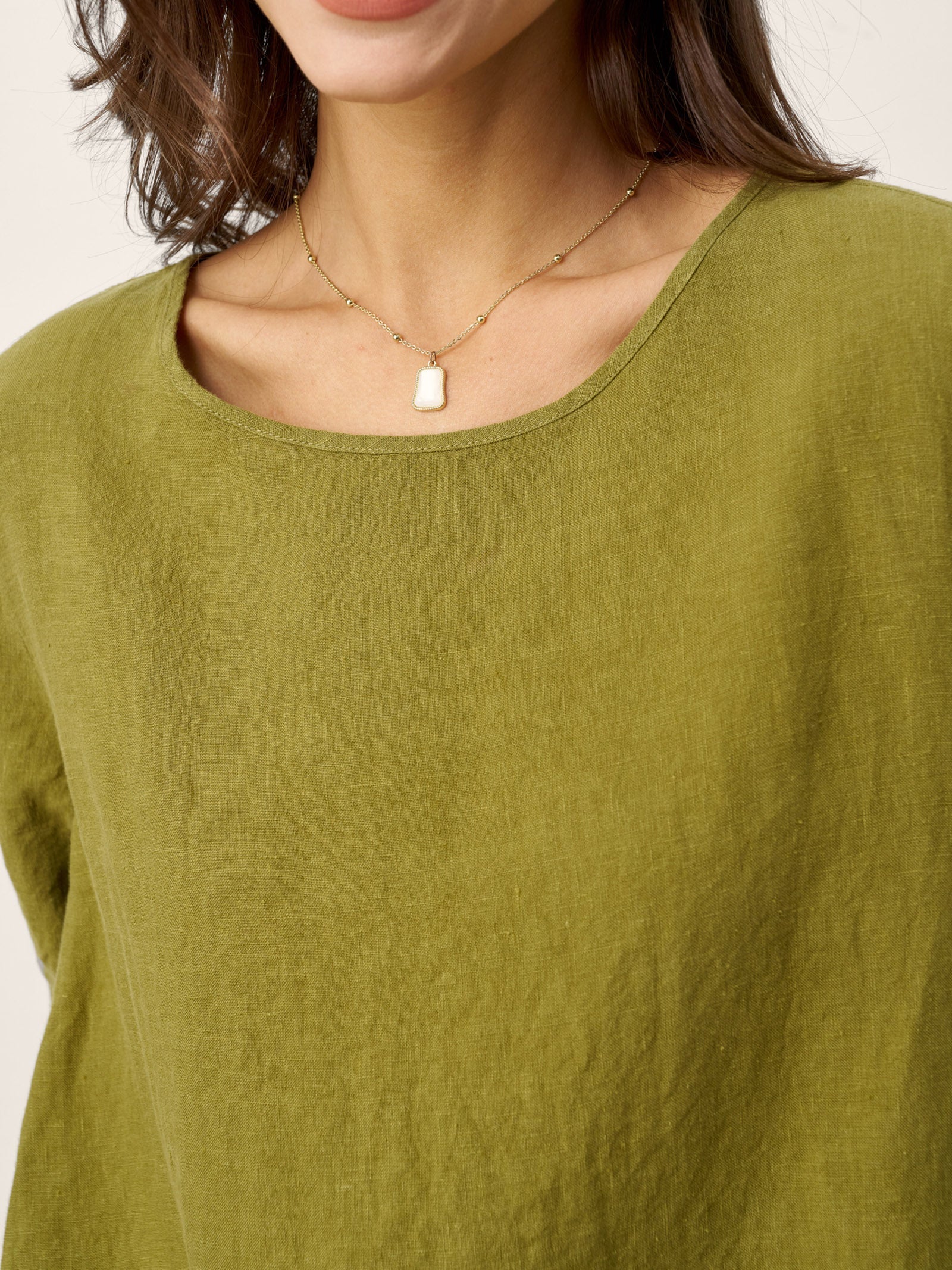 100% Linen Round Neck Back Placket Pleat Midi Dress PENELOPE