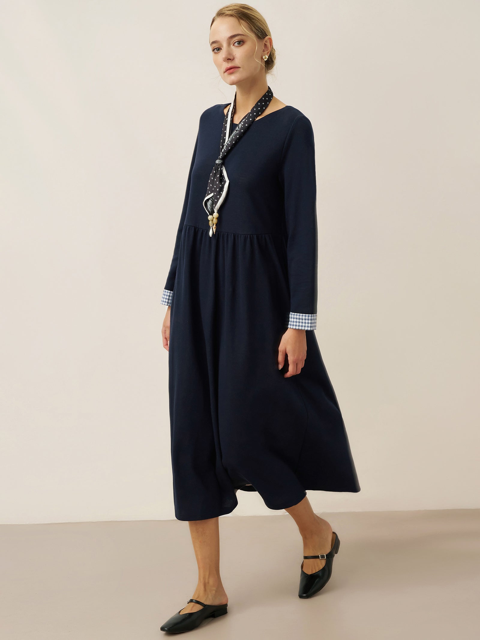 Organic Cotton Patchwork Cuff Crew Neck Casual Maxi Dress SCARLETT